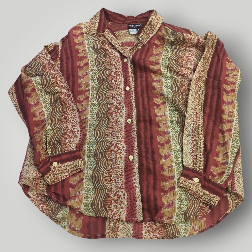 VTG Silk Notations Safari Travel Button Up Women's Petite Small African Print